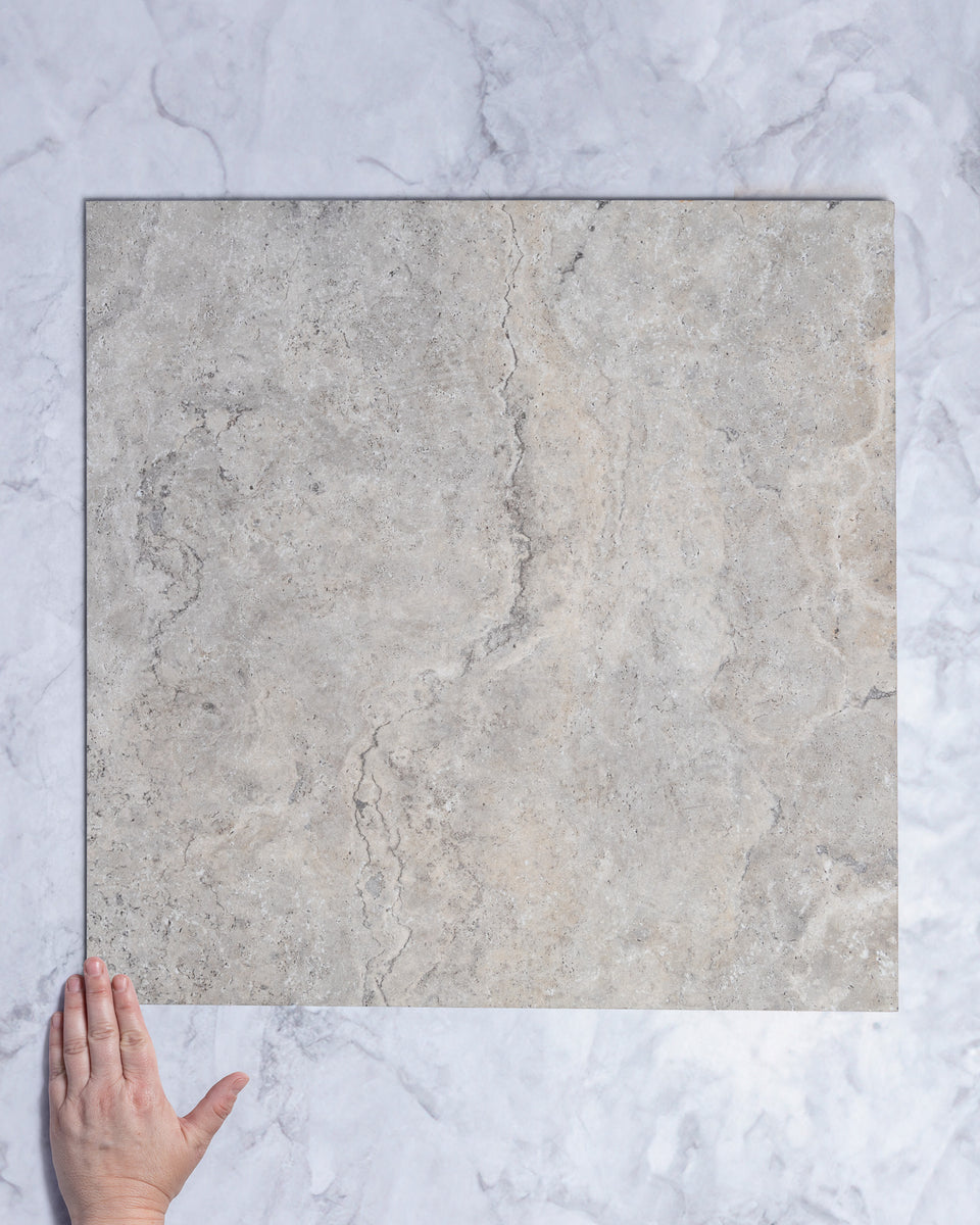 Burton Silver Travertine Look Porcelain Tile 600x600mm Tile Touch